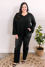Load image into Gallery viewer, V Neck Fit &amp; Flare Sweater Knit Top In Black
