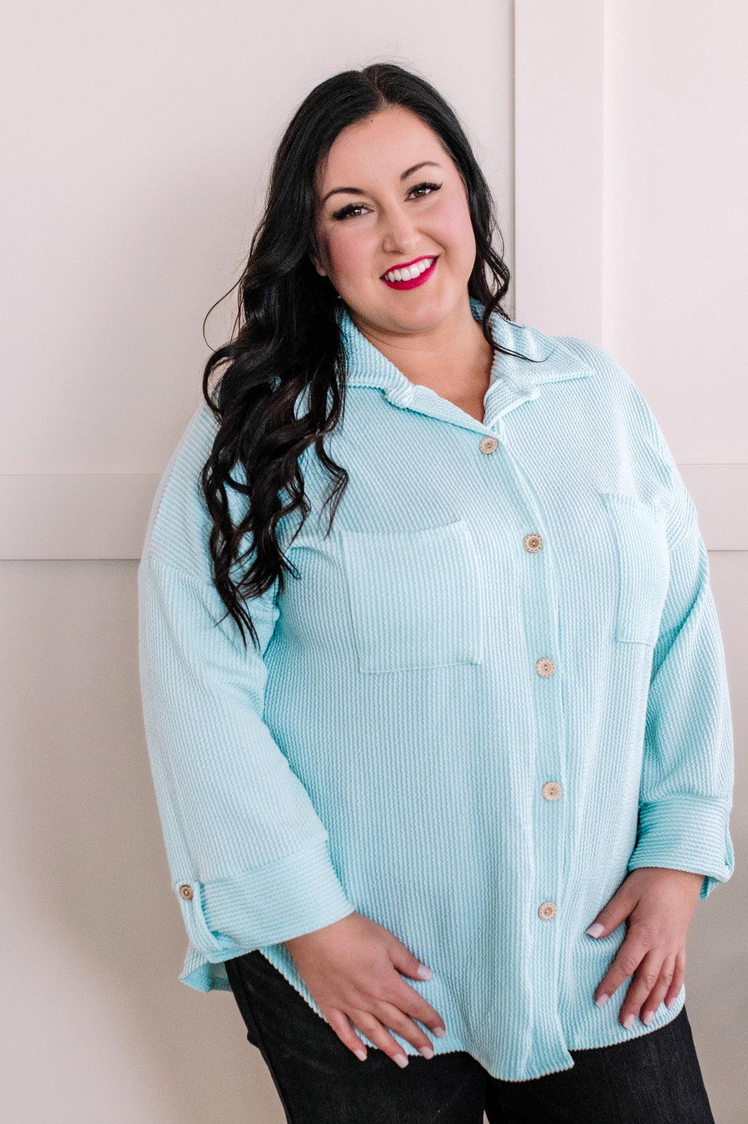 Ribbed Knit Button Front Top In Minty Blue