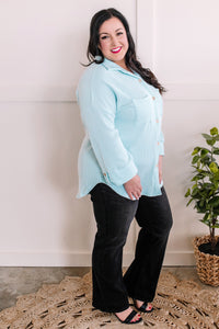 Ribbed Knit Button Front Top In Minty Blue