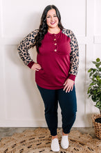 Load image into Gallery viewer, Long Sleeve Button Front Henley In Burgundy &amp; Leopard