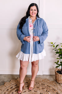 Ribbed Knit Button Front Top In Cornflower Blue