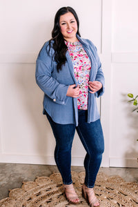 Ribbed Knit Button Front Top In Cornflower Blue