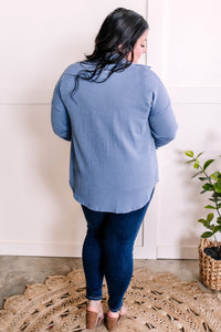 Ribbed Knit Button Front Top In Cornflower Blue