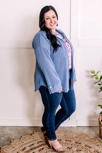 Ribbed Knit Button Front Top In Cornflower Blue