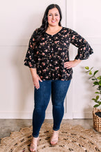 Load image into Gallery viewer, Decorative Button Front Blouse With Ruffle Sleeve Detail In Dark Rose Florals