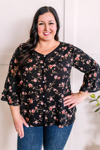 Load image into Gallery viewer, Decorative Button Front Blouse With Ruffle Sleeve Detail In Dark Rose Florals