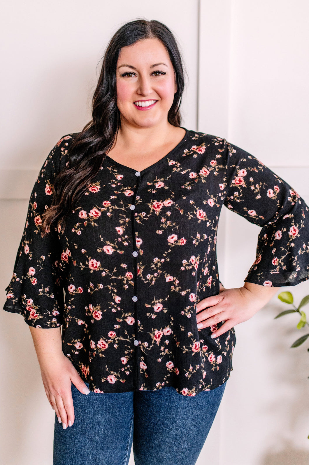 Decorative Button Front Blouse With Ruffle Sleeve Detail In Dark Rose Florals