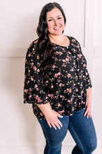 Load image into Gallery viewer, Decorative Button Front Blouse With Ruffle Sleeve Detail In Dark Rose Florals