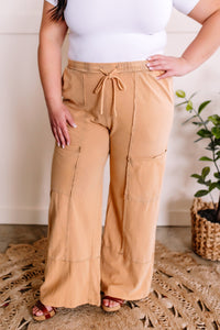 Soft, Wide Leg Cargo Pants With Pockets In Muted Marigold