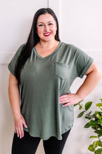 Load image into Gallery viewer, V Neck Short Sleeve Top With Pocket Detail In Sage