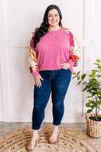 Load image into Gallery viewer, Waffle Knit Top With Floral Sleeves In Pretty Pink