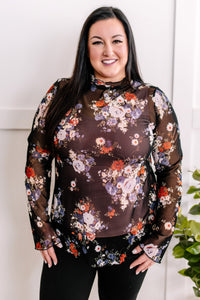 Sheer Floral Layering Mock Neck Top In Dark Florals
