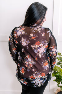 Sheer Floral Layering Mock Neck Top In Dark Florals
