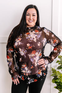 Sheer Floral Layering Mock Neck Top In Dark Florals