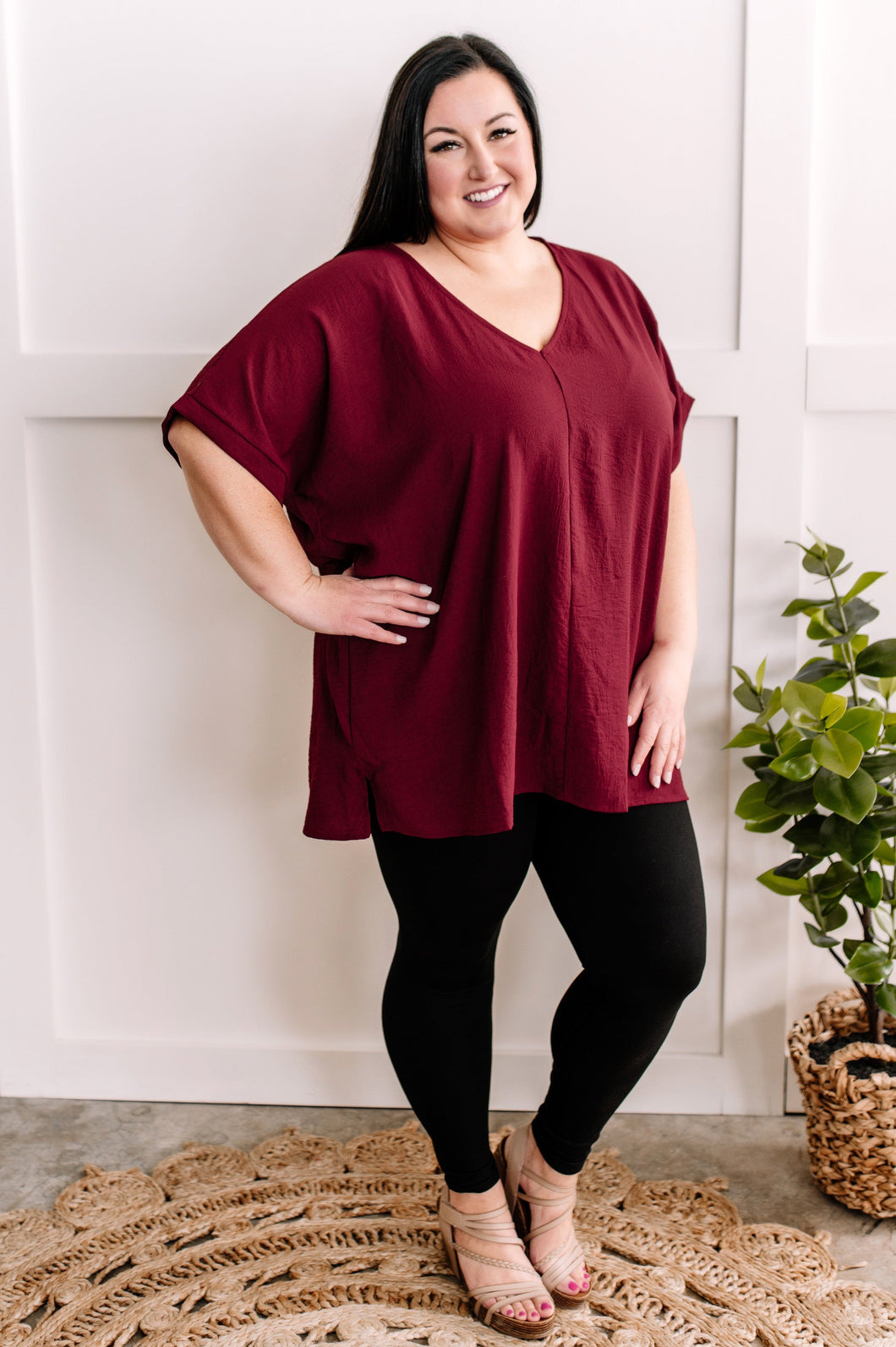 Oversized V Neck Blouse In Wine