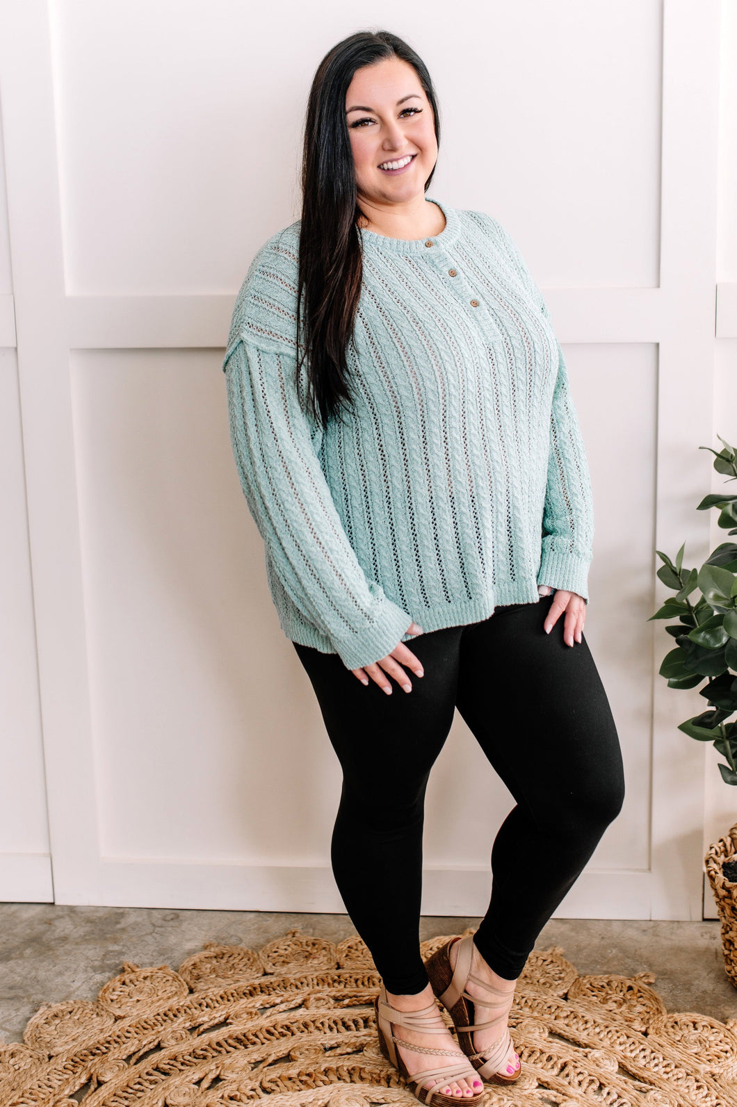 Fresh Aqua Knit Sweater With Functional Buttons