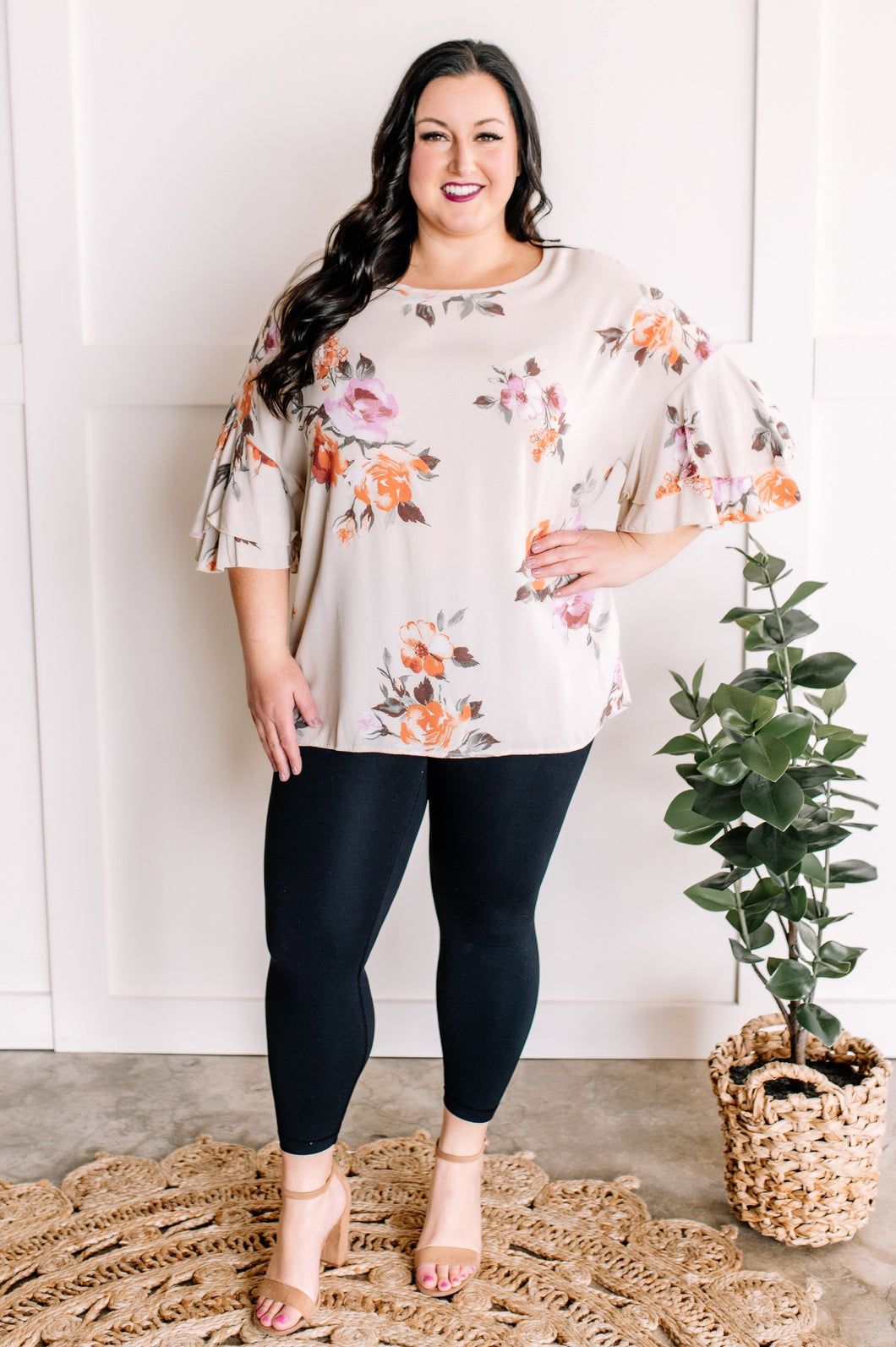 Double Ruffle Blouse In Apricot Spring Florals