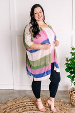 Load image into Gallery viewer, Striped Open Knit Cardigan In Pink, Green, Tan &amp; Blue