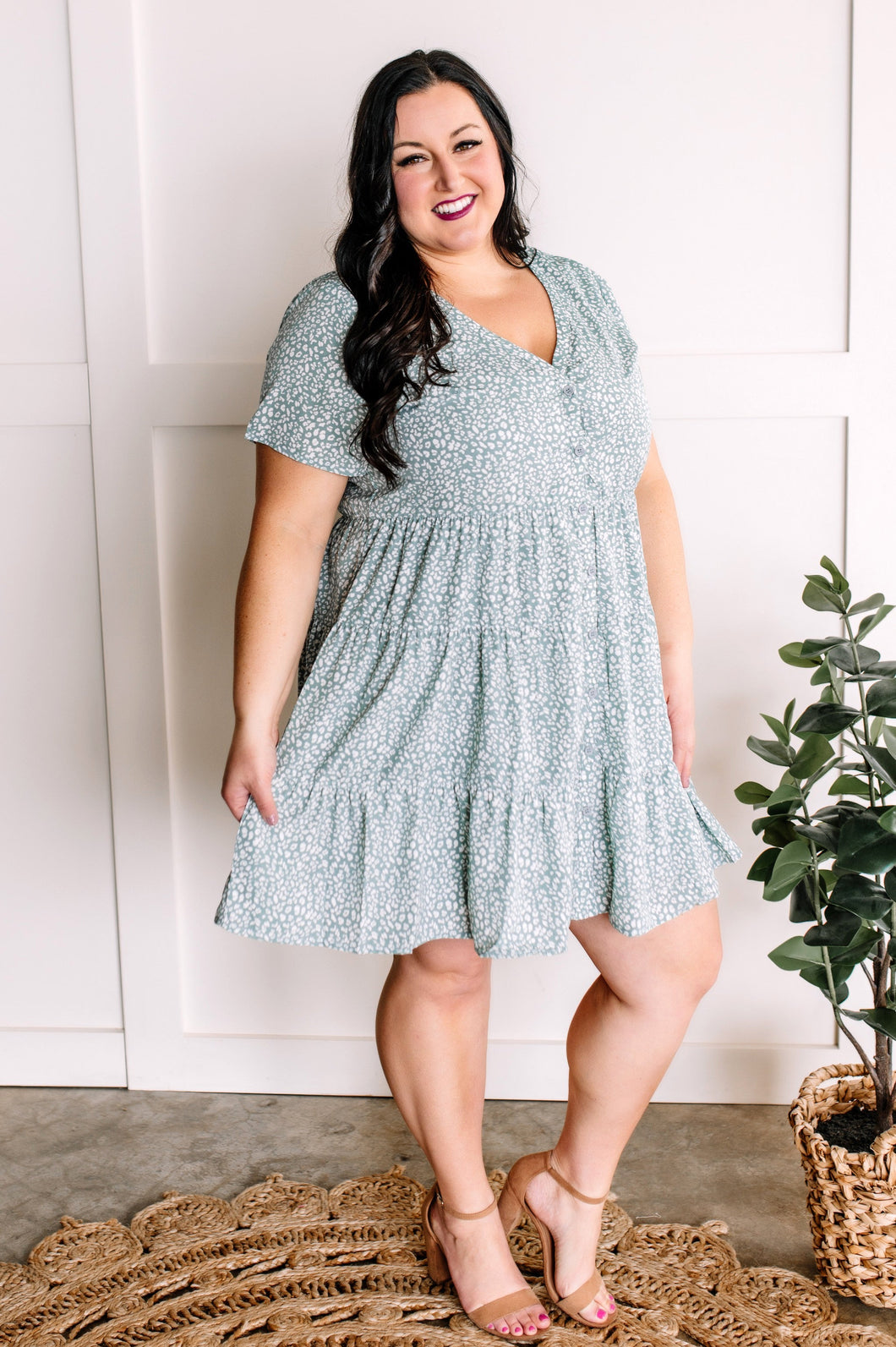 Button Front Dress In Light Aqua Animal Print