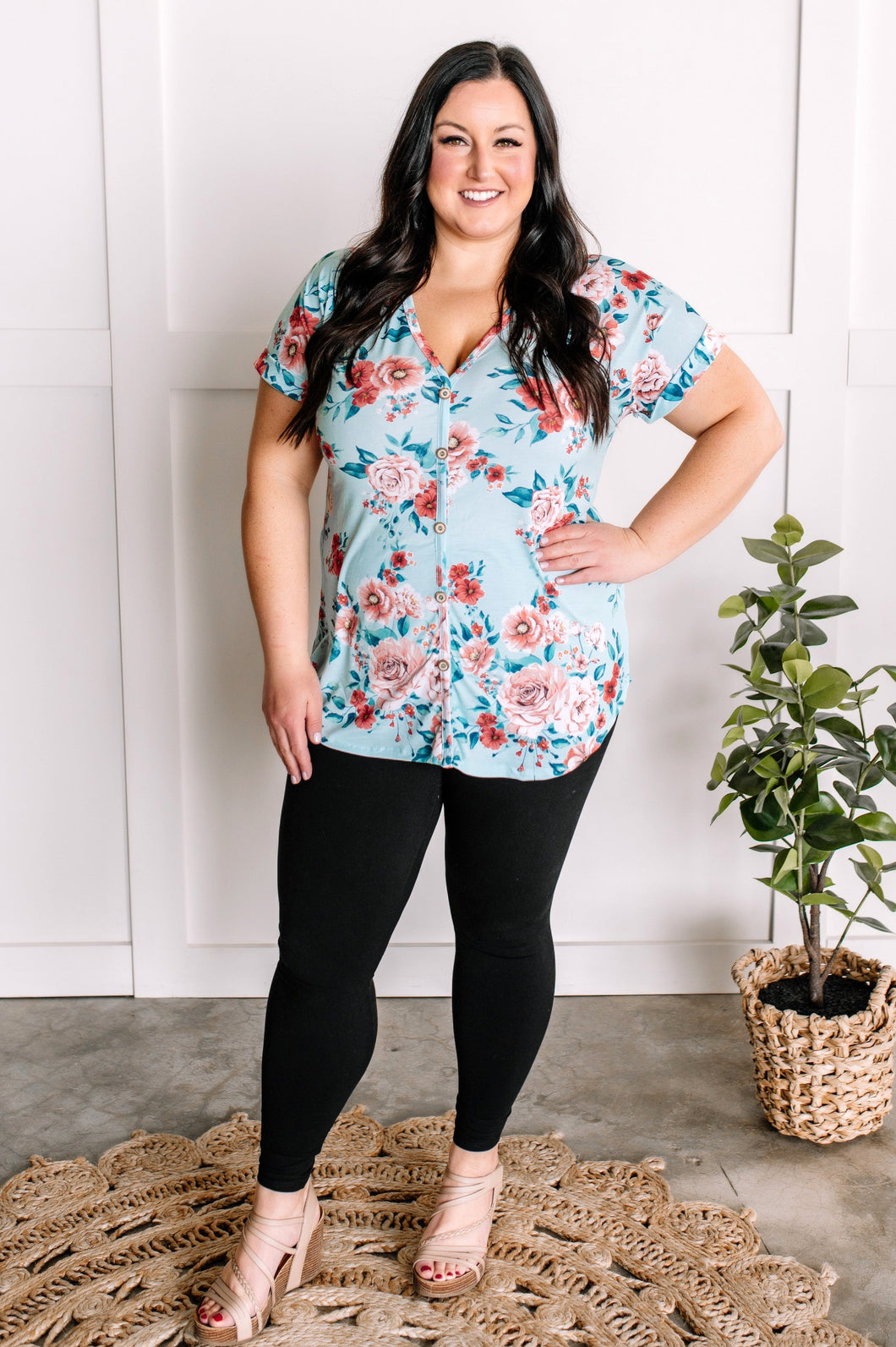 Decorative Button Front Top In Aqua Florals