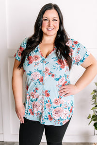 Decorative Button Front Top In Aqua Florals