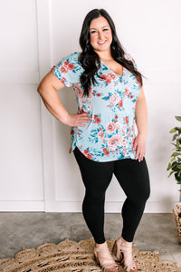 Decorative Button Front Top In Aqua Florals