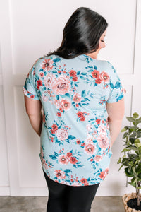 Decorative Button Front Top In Aqua Florals