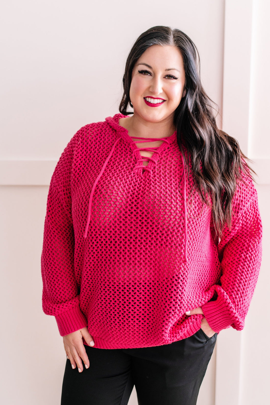 Oversized Crochet Hoodie In French Fuchsia
