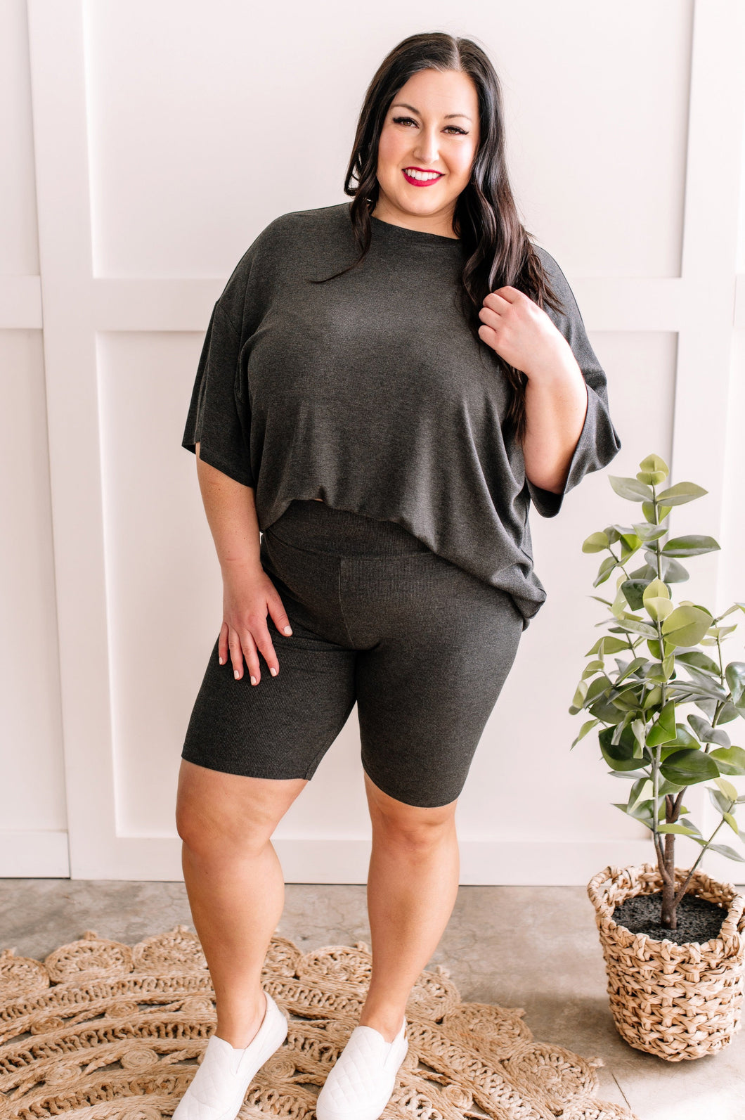 Oversized Top & Bike Shorts Set In Charcoal