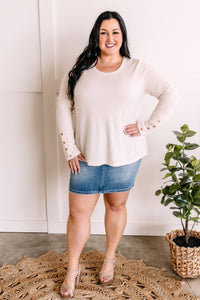 Waffle Knit Top With Button Sleeve Detail In Heathered Oatmeal