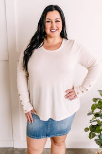 Waffle Knit Top With Button Sleeve Detail In Heathered Oatmeal