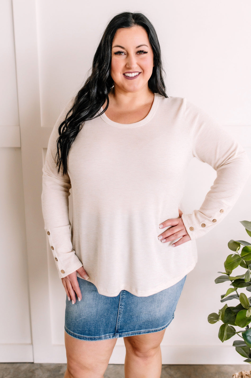 Waffle Knit Top With Button Sleeve Detail In Heathered Oatmeal