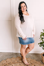 Load image into Gallery viewer, Waffle Knit Top With Button Sleeve Detail In Heathered Oatmeal