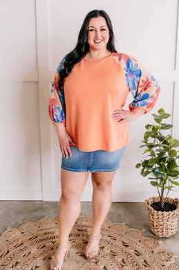 Floral Sleeve Knit Top In Coral Multi