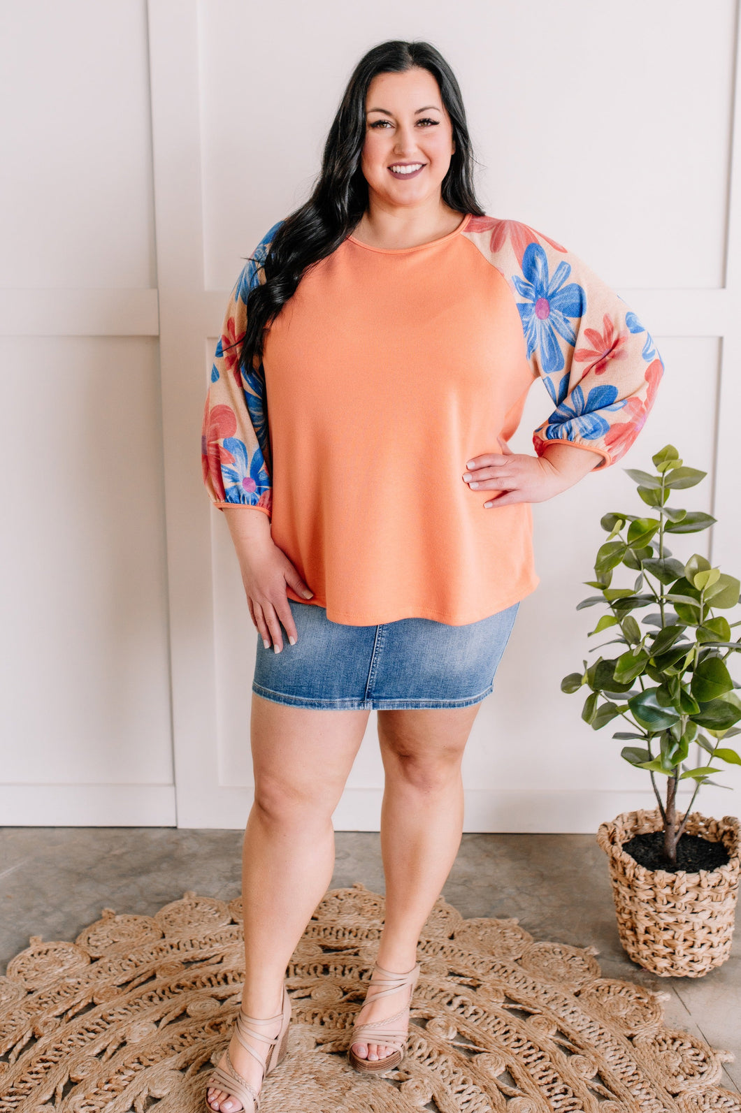 Floral Sleeve Knit Top In Coral Multi