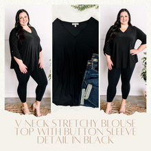 Load image into Gallery viewer, V Neck Stretchy Blouse Top With Button Sleeve Detail In Black