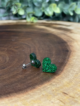 Load image into Gallery viewer, Heart Green Glitter Stud Earrings