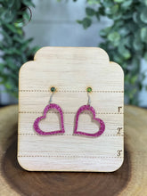 Load image into Gallery viewer, Heart Outline Pink Glitter Dangle Earrings
