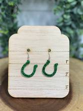 Load image into Gallery viewer, Horseshoe Green Glitter Dangle Earrings