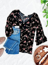 Load image into Gallery viewer, Decorative Button Front Blouse With Ruffle Sleeve Detail In Dark Rose Florals