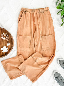 Soft, Wide Leg Cargo Pants With Pockets In Muted Marigold