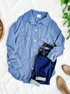 Ribbed Knit Button Front Top In Cornflower Blue