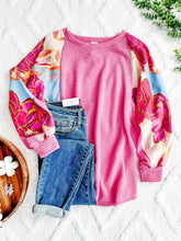Load image into Gallery viewer, Waffle Knit Top With Floral Sleeves In Pretty Pink