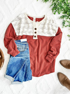 Lace Contrast Button Front Knit Top In Zinnia