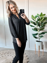 Load image into Gallery viewer, Gabby Front Top With Button Sleeve Detail In Black Polka Dots
