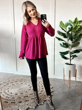 Load image into Gallery viewer, Waffle Knit Hooded Babydoll Top In Magenta