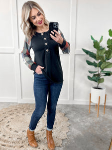 Button Front Henley With Plaid Sleeves In Black