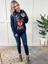 Load image into Gallery viewer, Crew Neck Reindeer Sweater In Navy