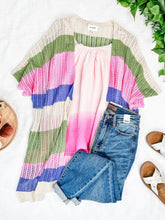 Load image into Gallery viewer, Striped Open Knit Cardigan In Pink, Green, Tan &amp; Blue