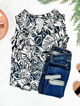 Load image into Gallery viewer, Sleeveless Gabby Front Top In Tropical Black, Pale Pink &amp; White Florals